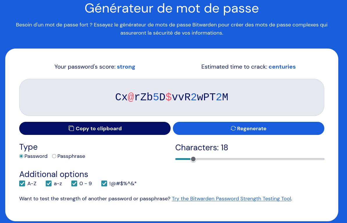 Outil de génération de mots de passe de Bitwarden, avec options de génération classique ou de phrase de passe