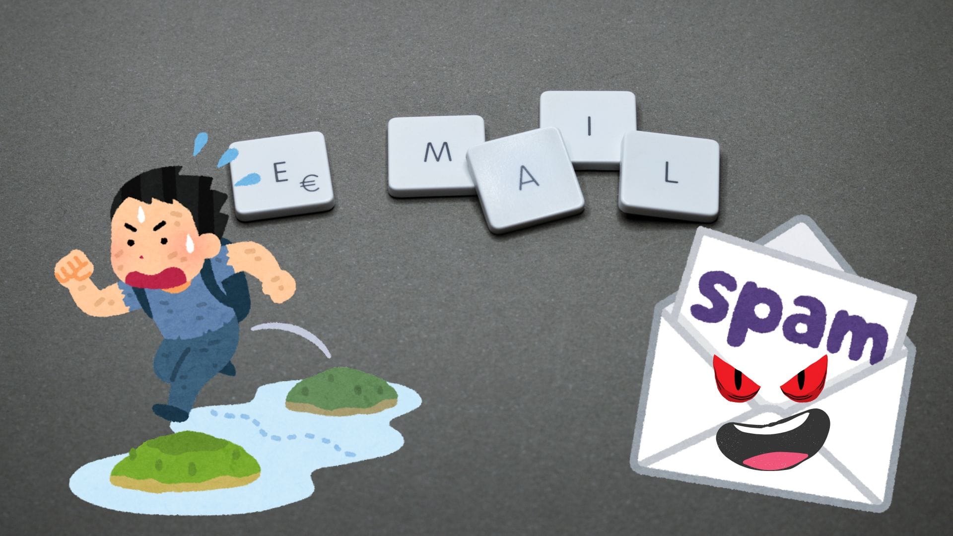 Illustration d'un homme qui semble fuir, l'air paniqué. Derrière lui une enveloppe marquée spam avec un sourire et des yeux méchants, et en arrière plan un fond gris avec des lettres de clavier détachées formant le mot email.