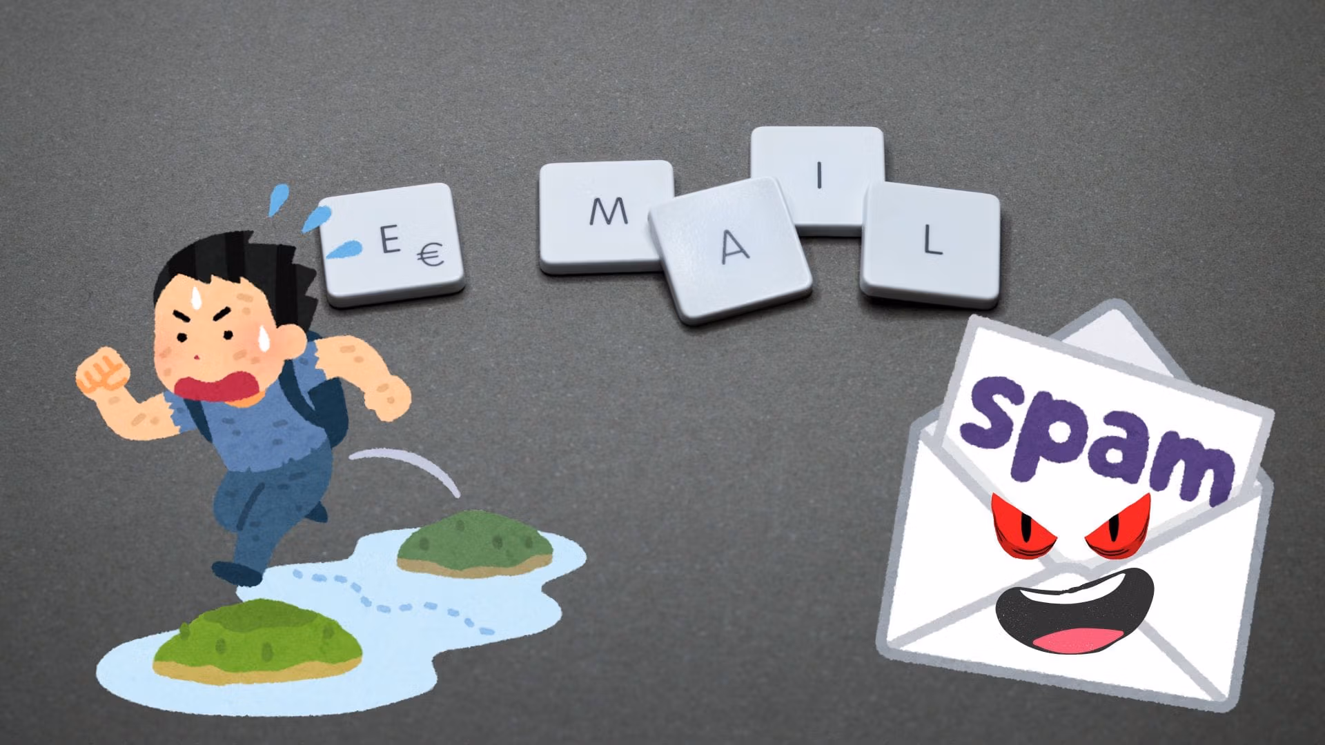 Illustration d'un homme qui semble fuir, l'air paniqué. Derrière lui une enveloppe marquée spam avec un sourire et des yeux méchants, et en arrière plan un fond gris avec des lettres de clavier détachées formant le mot email.