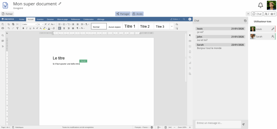 Collaboration dans Cryptpad pour un document texte