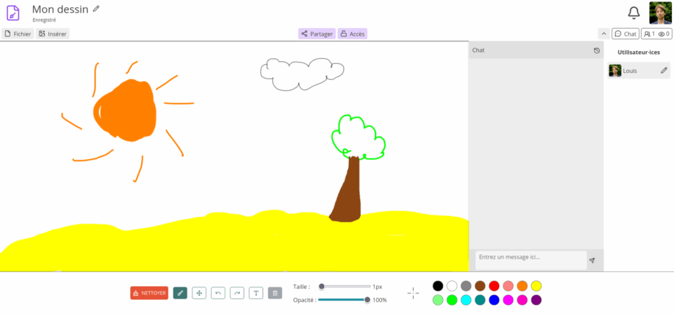 Outil de dessin dans cryptpad (avec un joli paysage et un soleil)