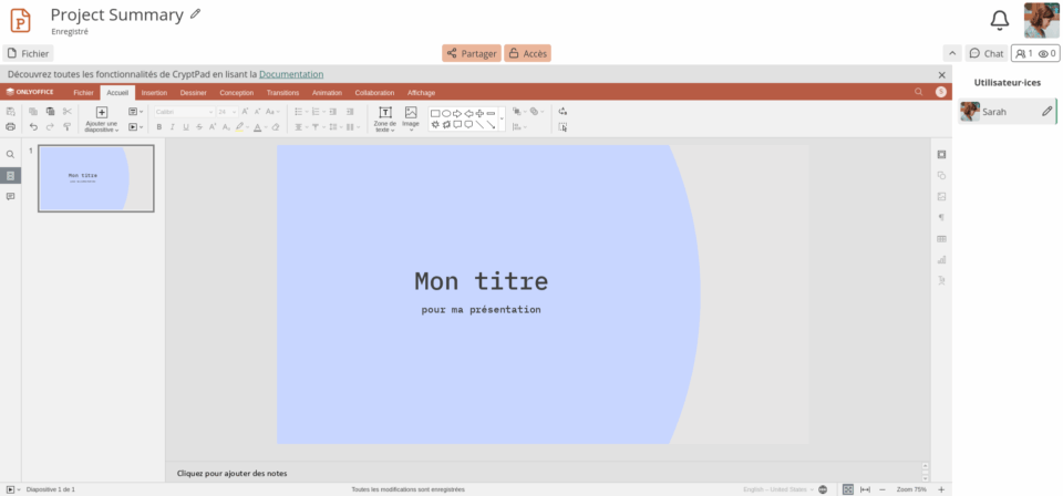 Outil de création de présentation de cryptpad (Onlyoffice)