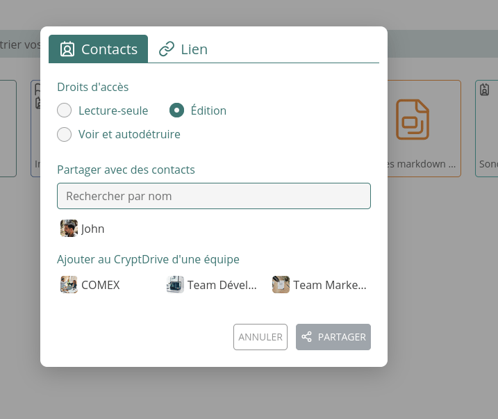 Fenêtre de partage de document dans Cryptpad