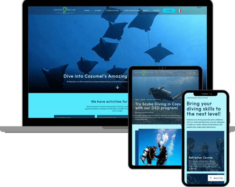 Site web de Deep Blue Cozumel dans différents formats: laptop, tablette et smartphone