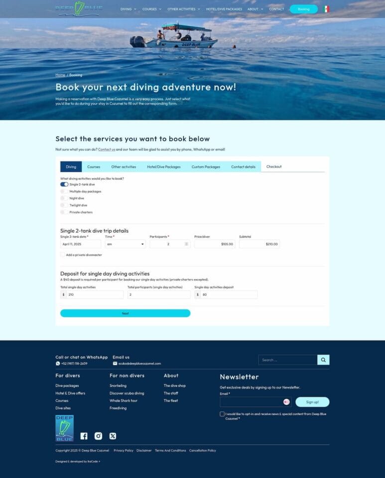 new booking page of deep blue cozumel