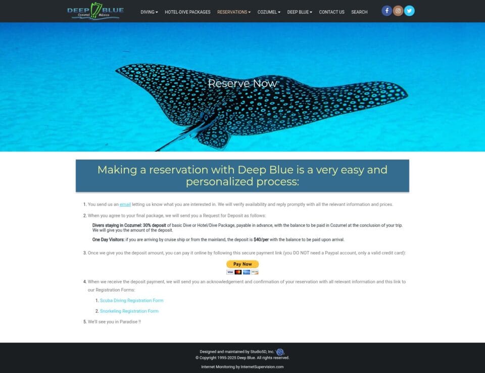 Ancienne page de réservation du site Deep Blue Cozumel