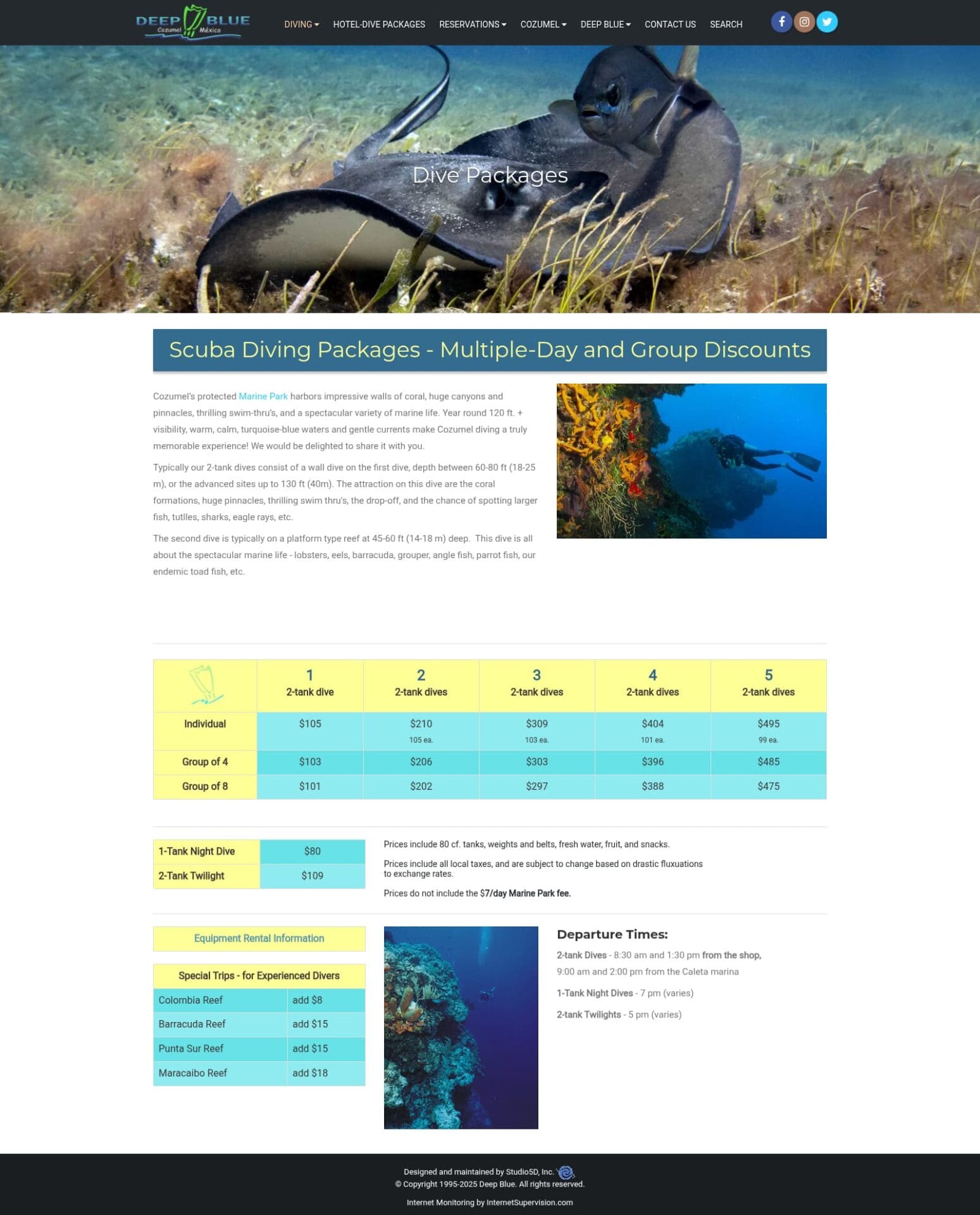 Ancienne page des options de packs de plongée du site Deep Blue Cozumel