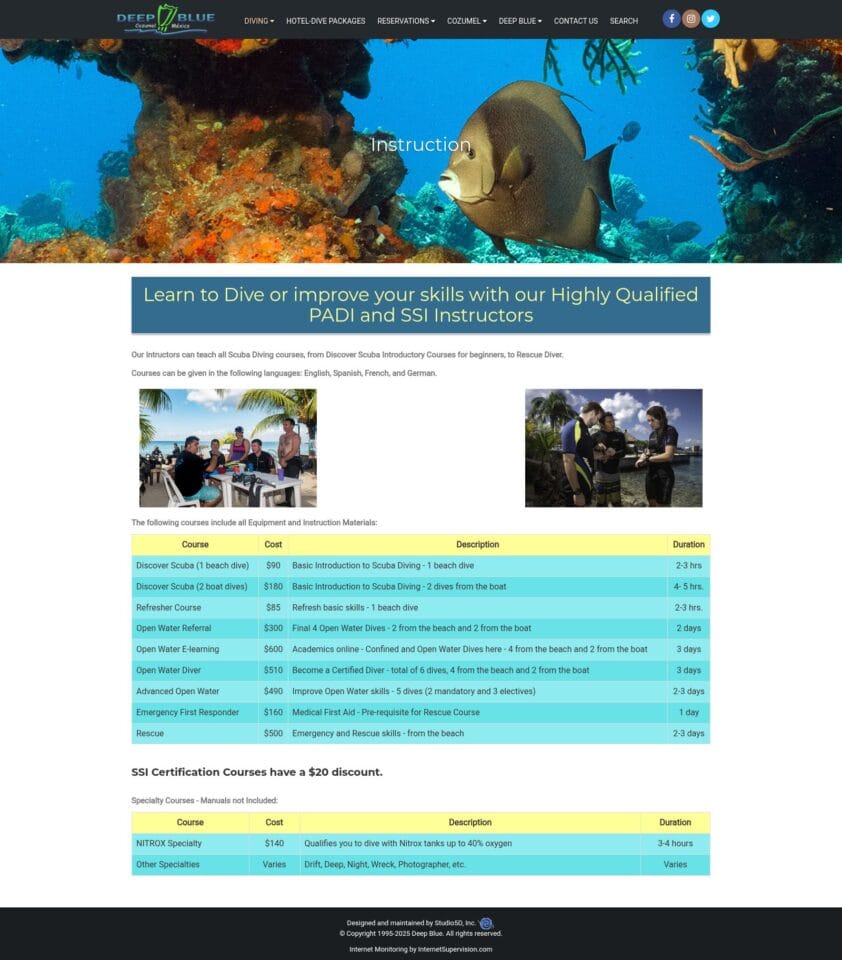 Ancienne page des cours de plongée du site Deep Blue Cozumel