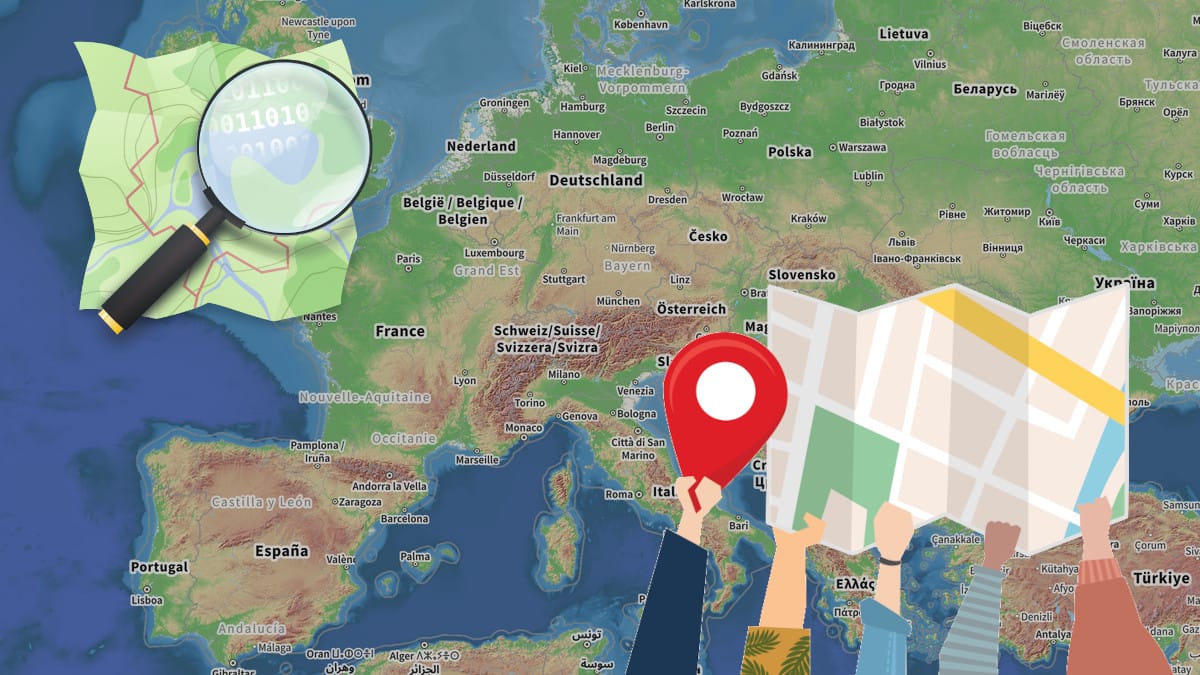 A map i nthe background, in the foreground the Openstreetmap logo and an illustration of a map hold by several arms in the air.