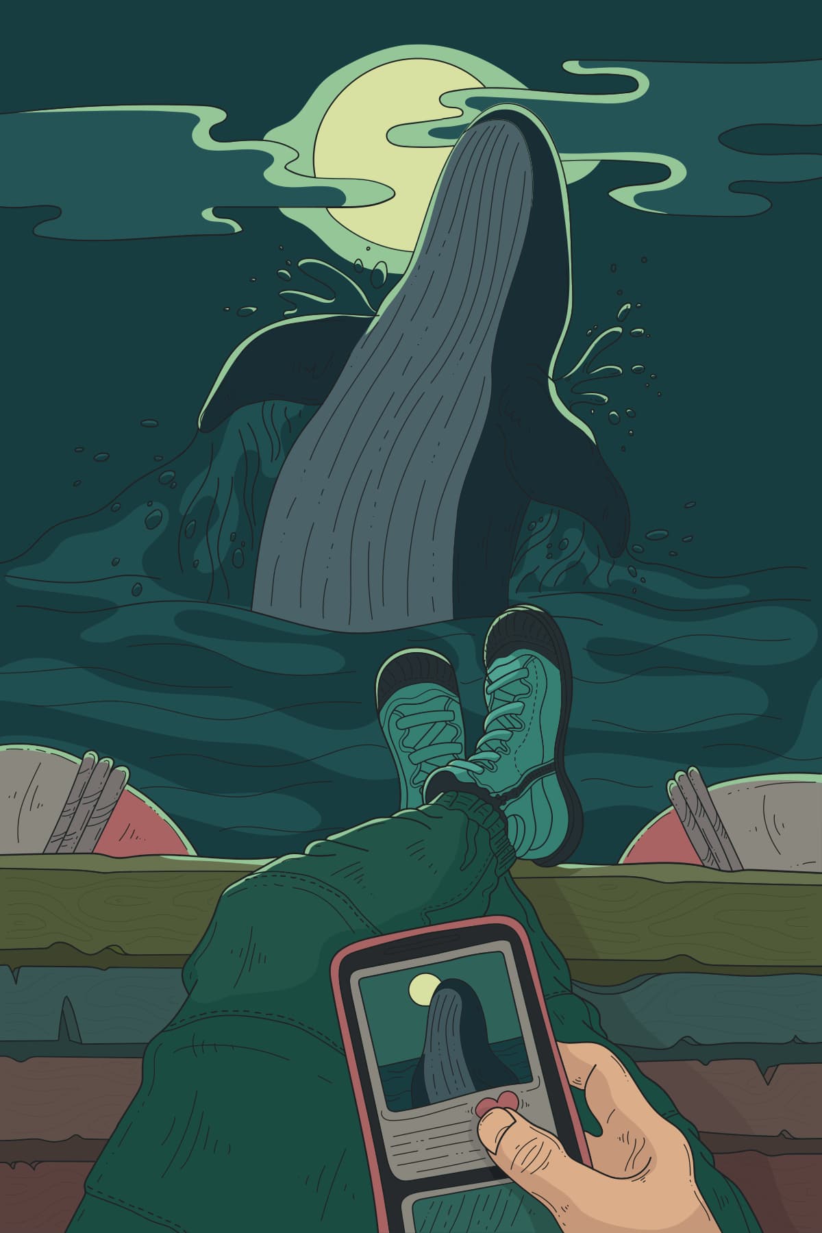 illustration style manga d'une baleine qui saute hors de l'eau. Au premier plan une main tient un smartphone avec une photo de cette baleine.