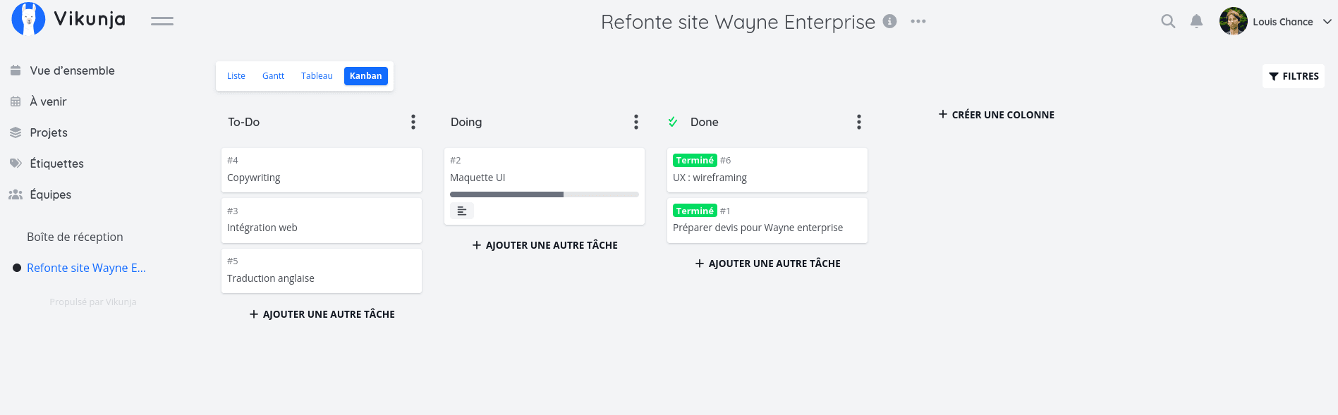 Vue d'un projet en Kanban dans Vikunja avec colonnes to-do, doing, done.