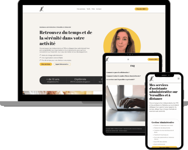 Mockups sur différents supports du site web d'Hélène Ganem, assistante administrative à Versaille