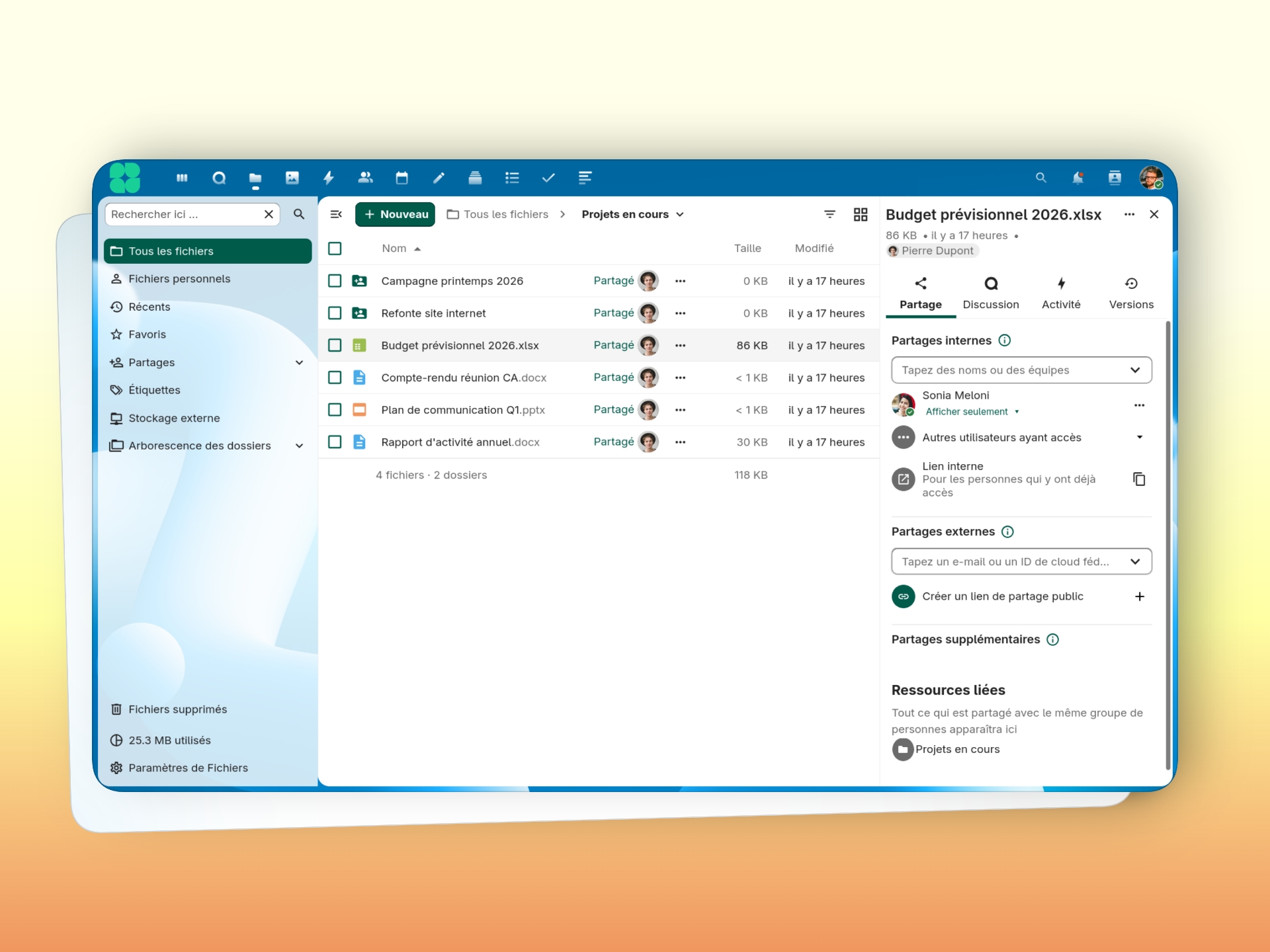 capture d'écran de l'application Fichiers dans Nextcloud, avec le partage d'un fichier avec un collaborateur.