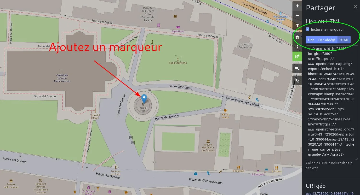 Map in Openstreetmap with the share panel opened, and the iframe code.