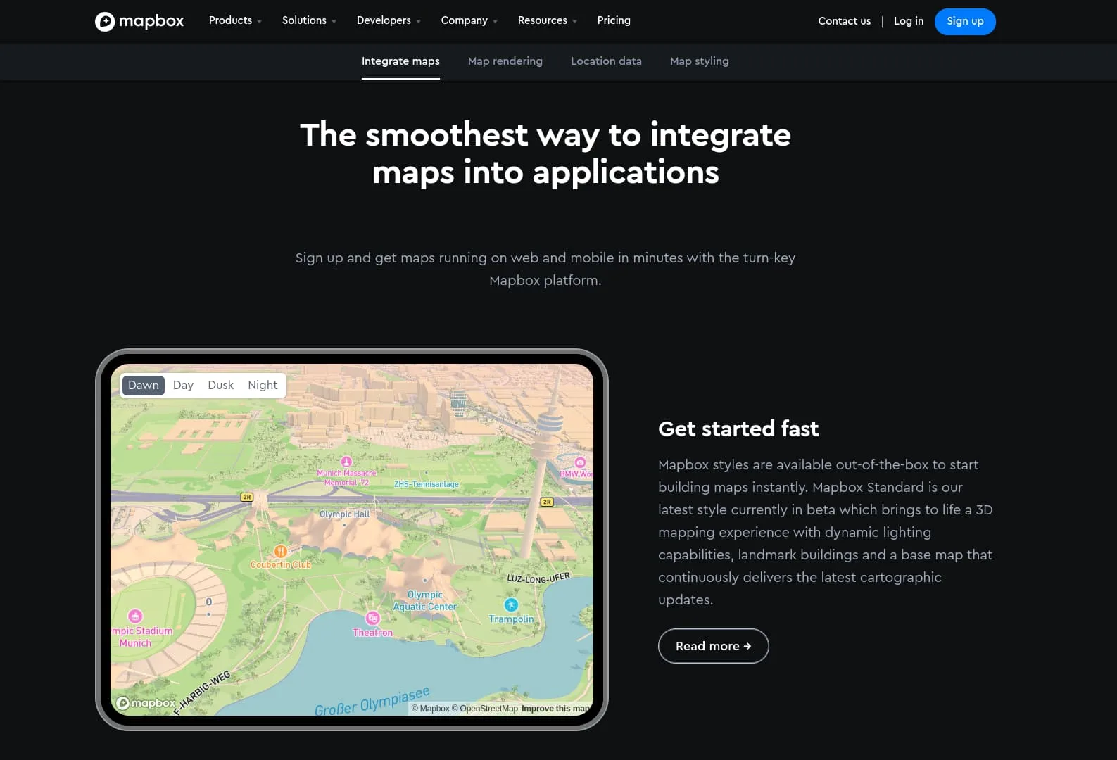 Screenshot from the Mapbox website, showing a map picture and some descriptive text