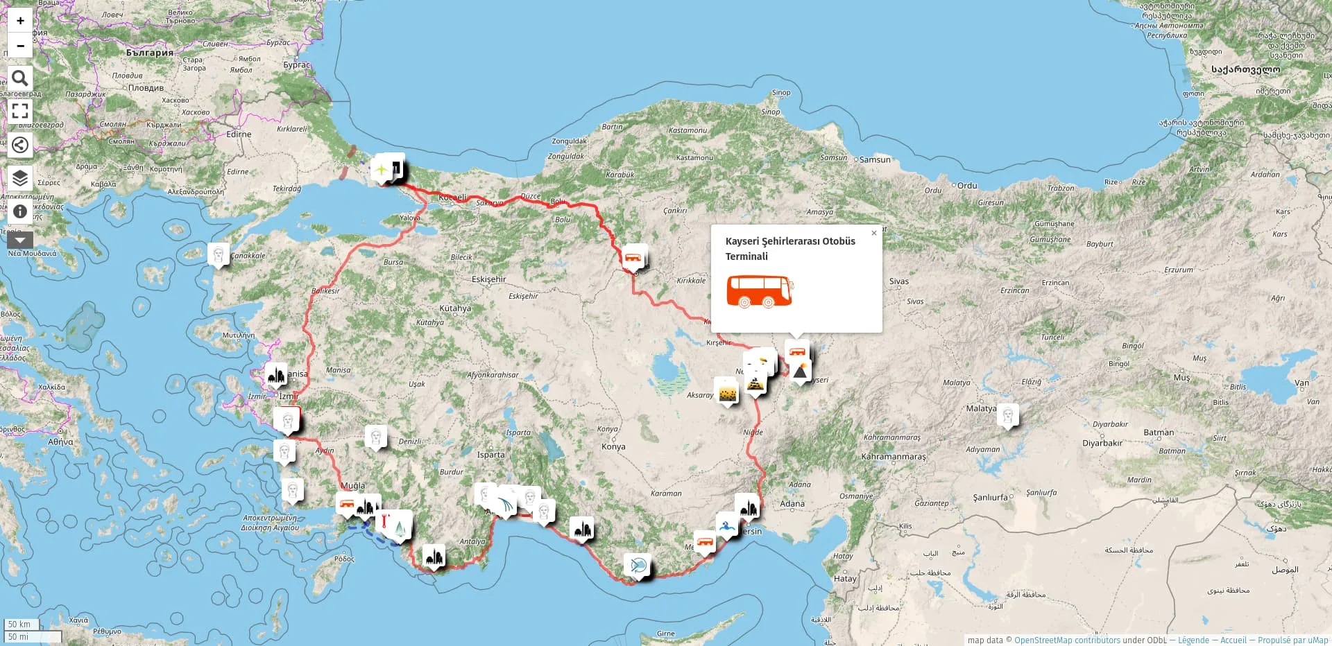 A map with a red GPX track and a some points of interests along the way.