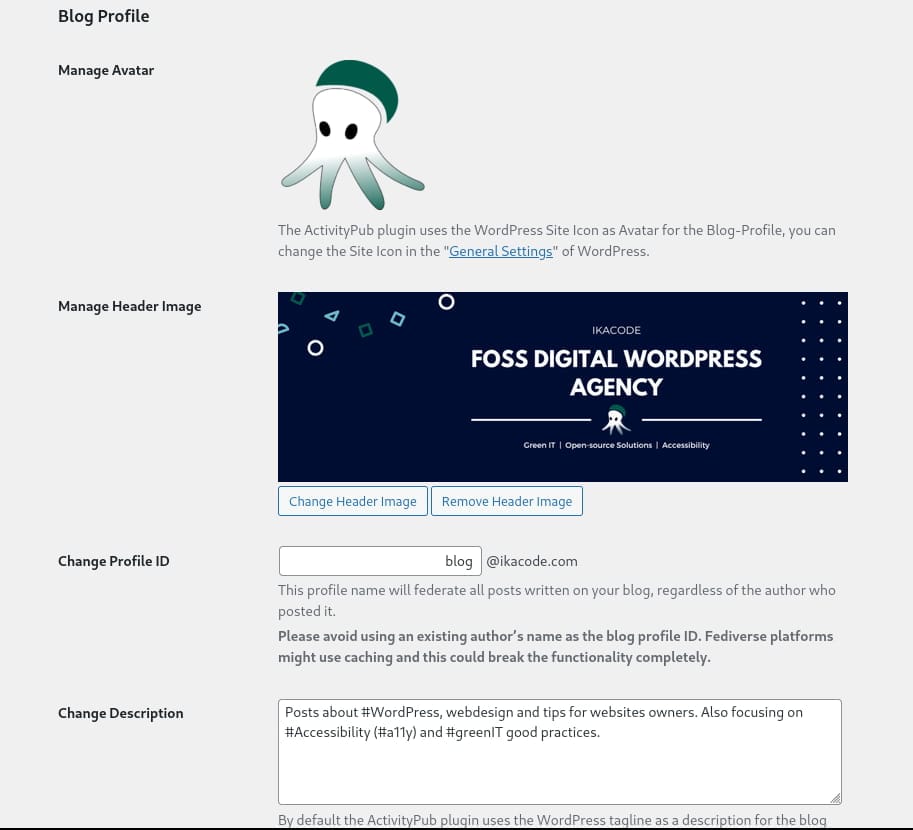 Blog profile settings in the Activitypub extension. You can see the avatar, header image, profile ID and description.