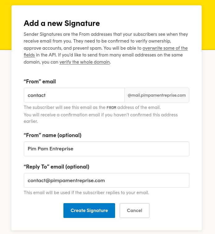 Formulaire d'ajout d'une adresse email d'expédition dans Postmark. Le champ "From" email affiche contact@mail.pimpamentreprise.com, le champ "From" name (optionnel) affiche Pim Pam Entreprise, et le champ “Reply To” email (optional),affiche contact@pimpamentreprise.com.
