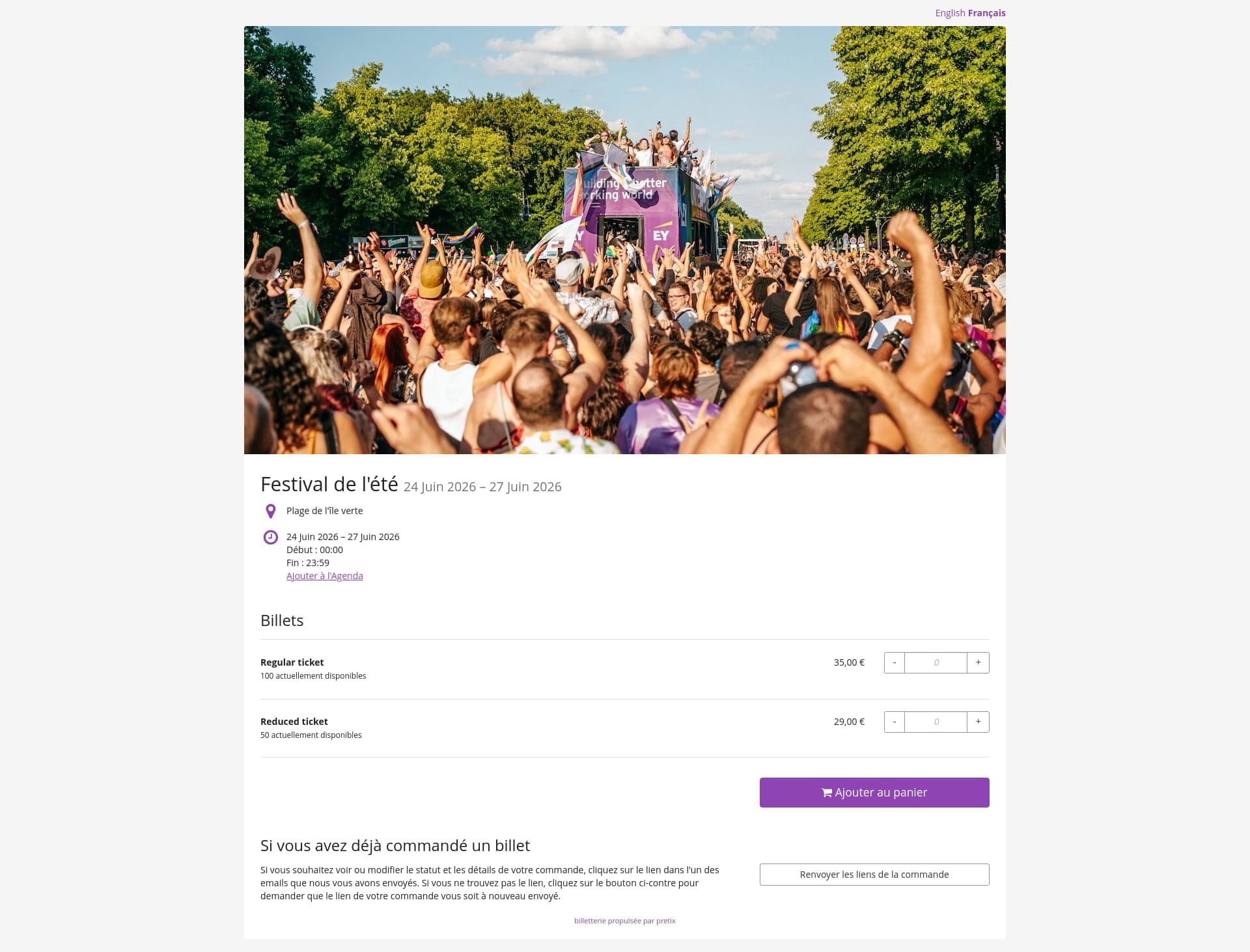 Page de vente de billet pour un festival dans Prefix