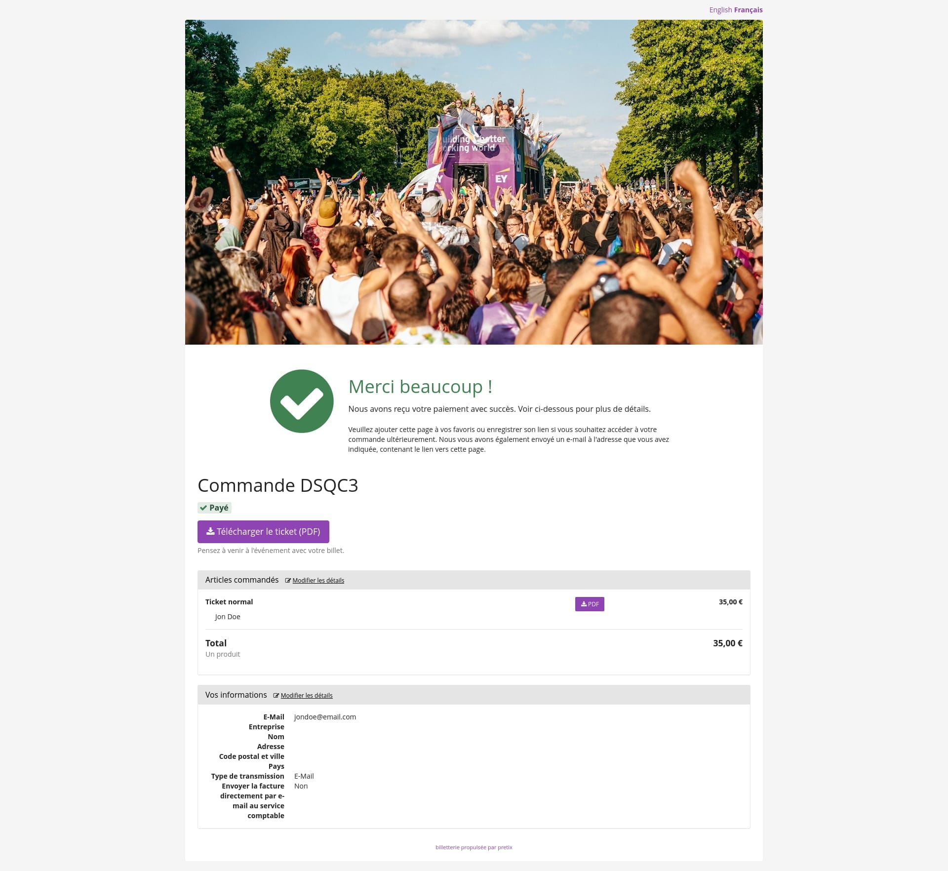 Page de confirmation d'achat d'un billet avec lien pour télécharger son billet dans Prefix