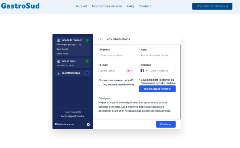 Une fenêtre de prise de rendez-vous, qui résme sur la gauche le choix de cabinet, médecin, examn, avec la date et l'heure, et au centre des champs à remplir: nom, prénom, ordonnance médical, email, téléphone.
