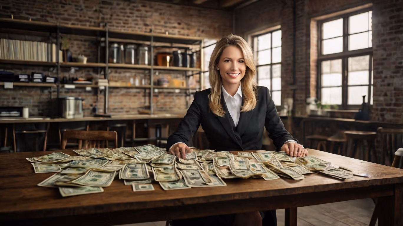 Femme d'affaires souriante avec beaucoup d'argent sur table