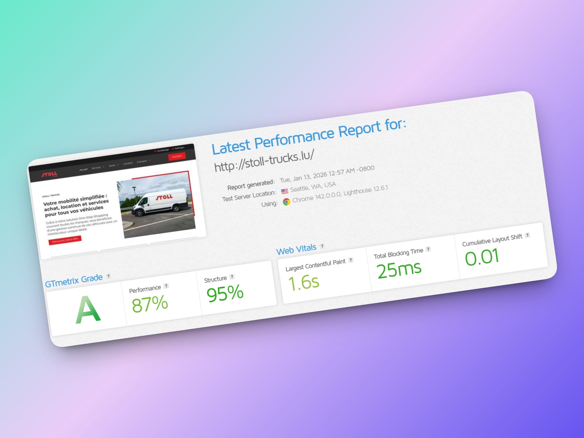 A score on GTMetrix for the stoll-trucks.lu website