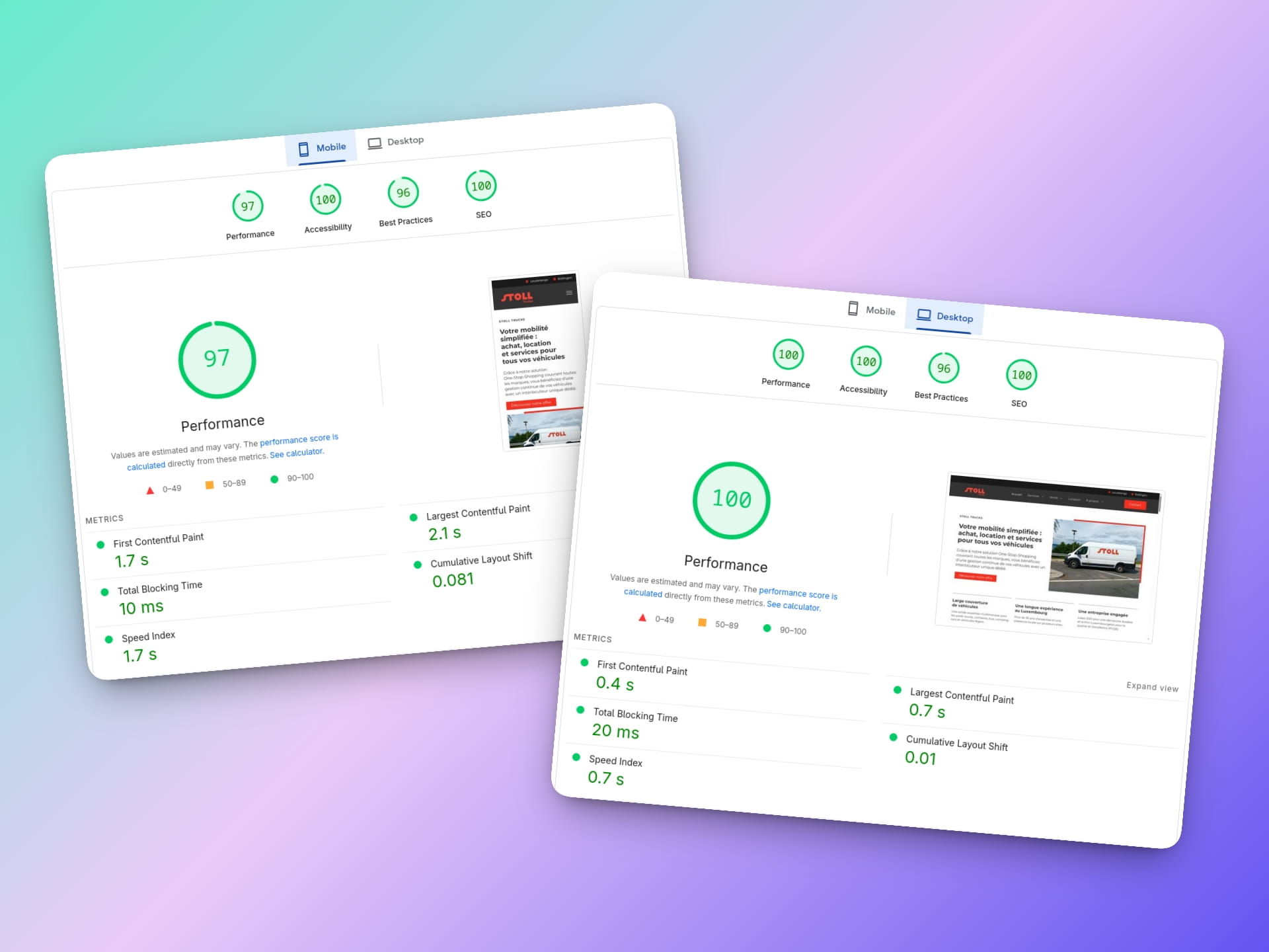 Results of an audit of the stoll-trucks.lu website on Page Speed Insights, with an overall performance score of 97 on mobile and 100 on desktop.