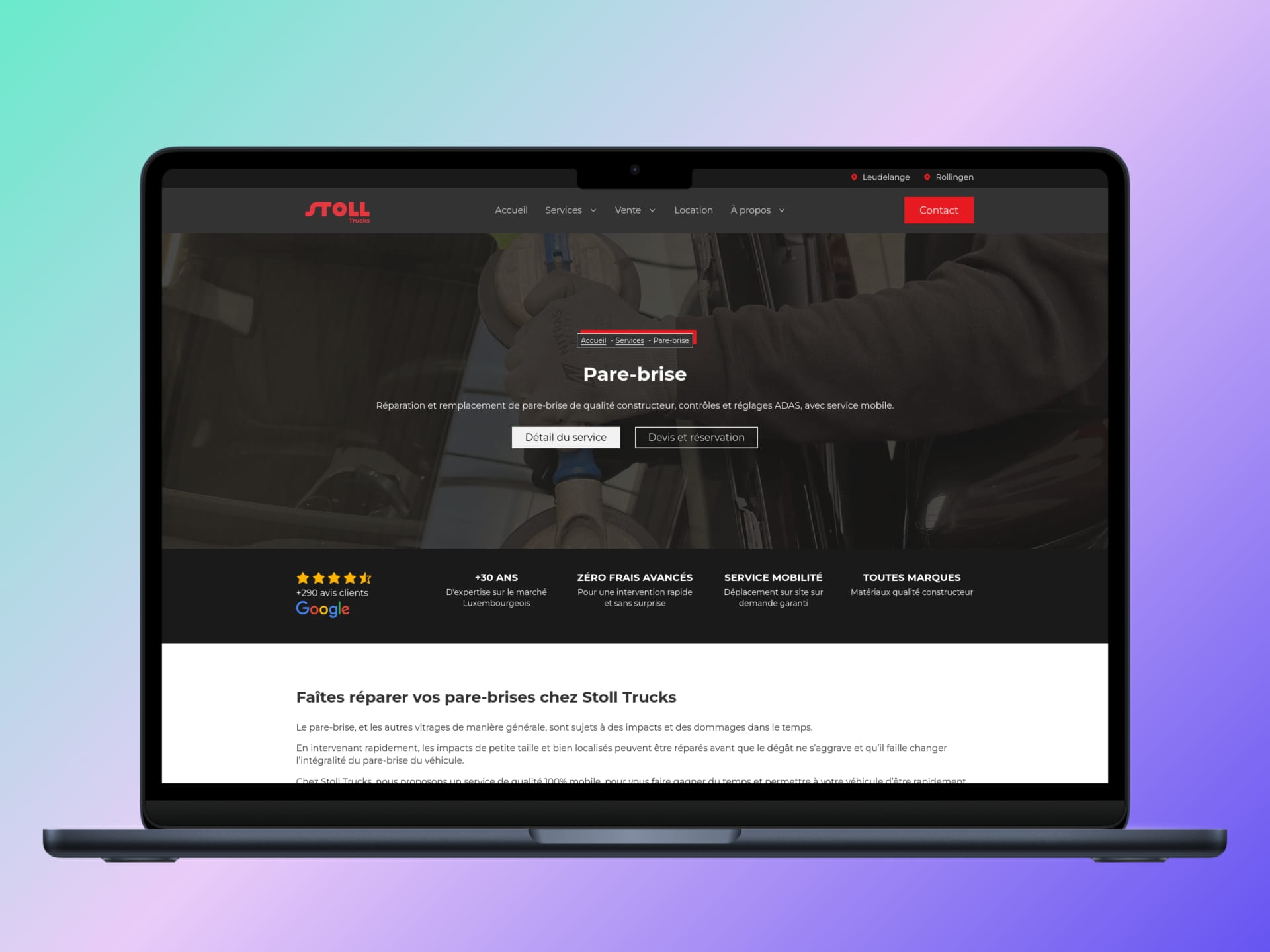 Preview of a windscreen service page on a laptop from the stoll-trucks.lu website