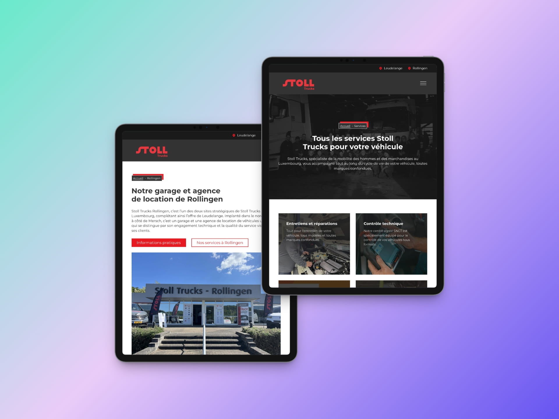 2-page preview of the stoll-trucks.lu website on a tablet