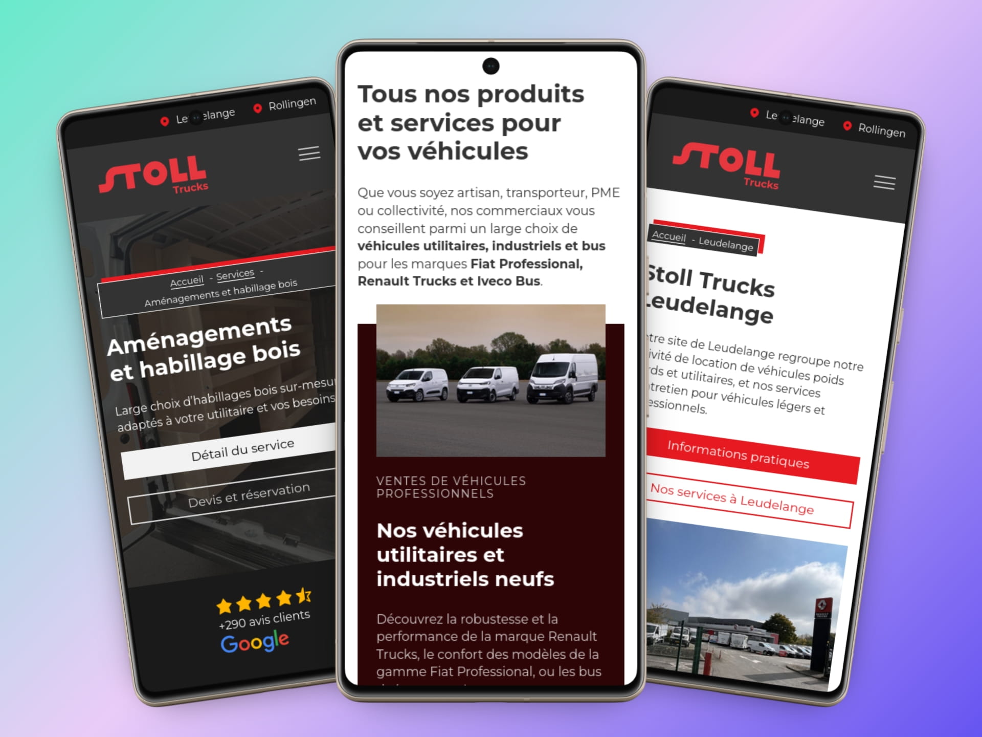 3-page mobile phone previews of the stoll-trucks.lu website