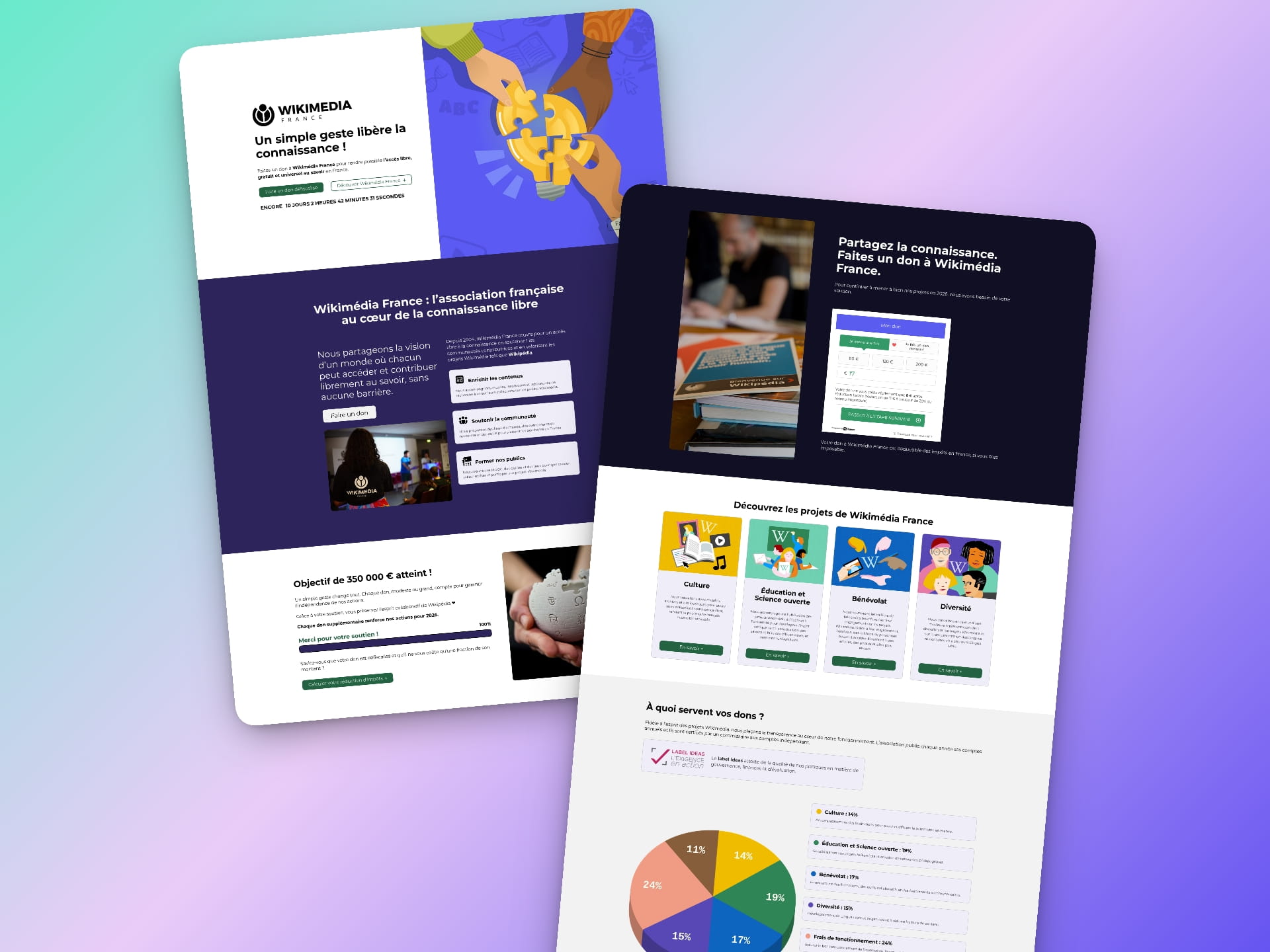 Desktop previews of the Wikimedia France donation campaign website