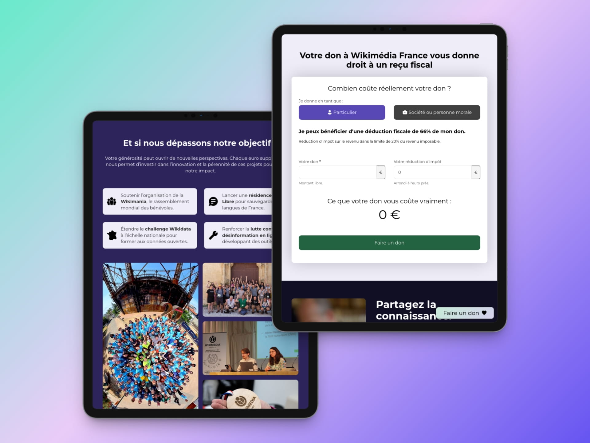 Tablet previews of the Wikimedia France donation campaign website