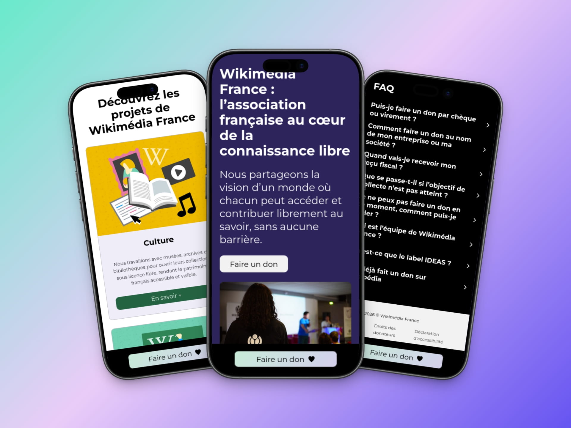 Mobile previews of the Wikimedia France donation campaign website
